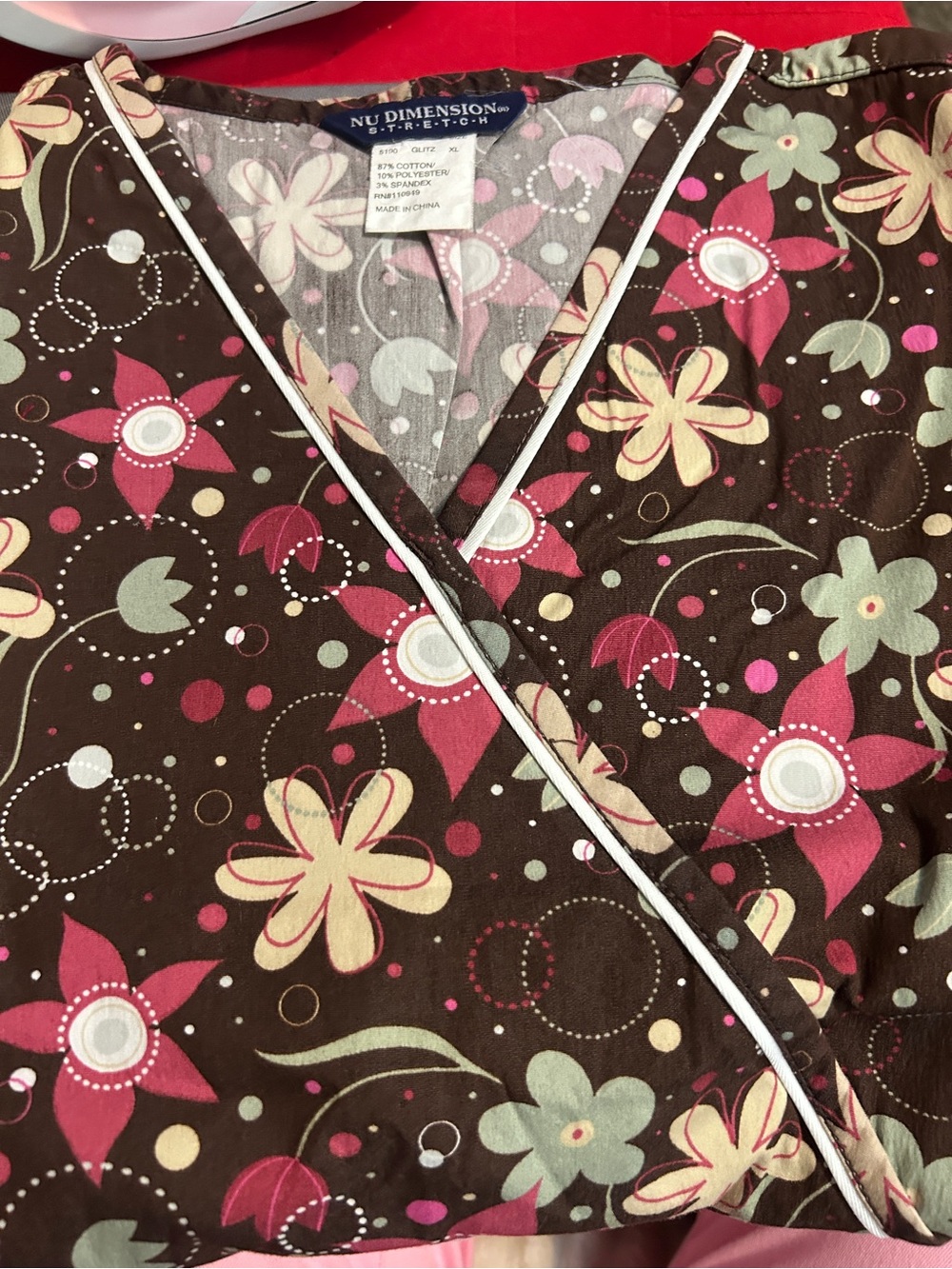 Nu Dimension Stretch XL Floral Mock Wrap Scrub Top Brown Pink Flowers Y2K Nurse